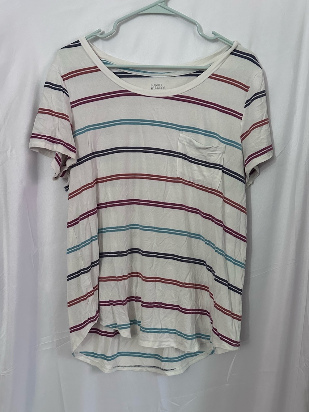 Market & Spruce Cream Striped Pocket Tee with Teal, Navy & Burgundy Accents